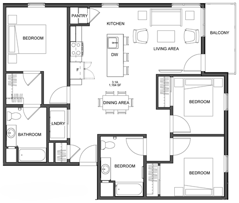a floor plan of a house with bedrooms and a living room